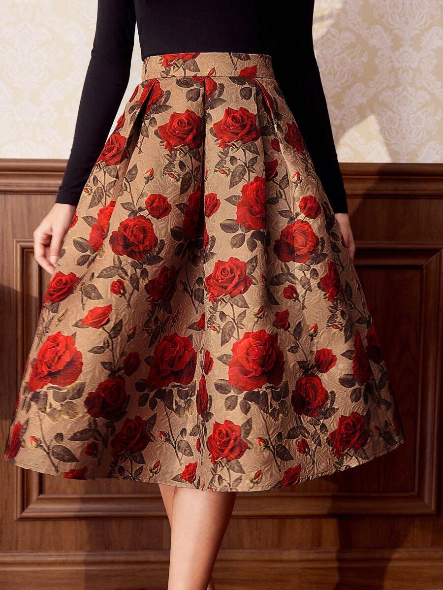 Vintamour 复古优雅女式提花印花宽松喇叭裙，红色情人节情人服装夏季女士服装 - 紅色 - 查看 1