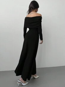 Firerie 女士纯色露肩长袖长裙，简约时尚休闲日常穿着 - 黑色 - 查看 4