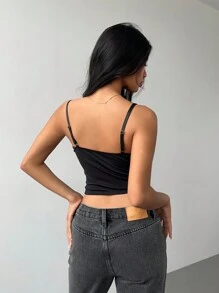 Aloruh 女士黑色性感吊带背心蕾丝拼接胸罩杯紧身鱼骨衬里背心 - 黑色 - 查看 4