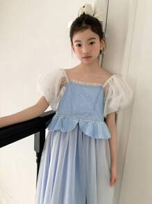 DAZY Tween Girl' Square Collar Mesh Splice Simple Princess Dress, Summer,Back To School Clothes - Blue - View 3