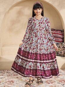 SHEIN Leap Crew Tween Girls Loose V-Neck Long Sleeve Ruffle Cuff Print Long Dress - Apricot - View 2