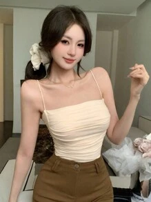 DAZY 女式纯色褶饰吊带背心，休闲性感夏季吊带背心 - 杏色 - 查看 3