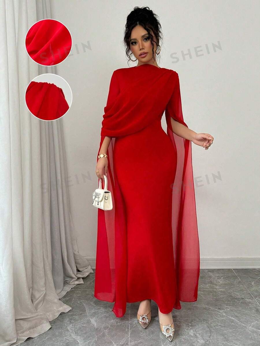 SHEIN PETITE Elegantes und reizvolles Abendkleid für Partys und Bankette, Kleid mit geraffter schräger Schulter, transparentem Schärpe, Langarm, Seitenschlitz, gestricktes elastisches rotes Kleid für Herbst/Winter - Rot - Übersicht 1