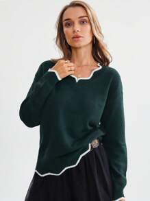 SHEIN LUNE 女士休闲 V 领撞色边饰长袖毛衣、长袖上衣 - 軍綠色 - 查看 4