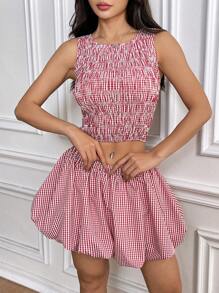 Chiquease Bộ 2 món áo hai dây kẻ caro và váy tutu mini cho nữ, phong cách tiệc tùng Bohemian thời trang đường phố dễ thương cho mùa xuân/hè - Đỏ - Xem 6