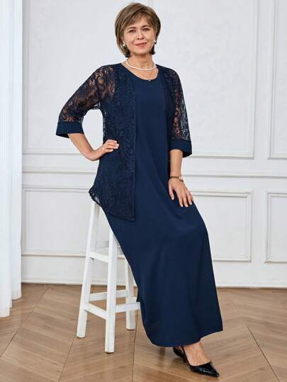 SHEIN LUNE Elegant Solid Royal Blue Long Skirt And Lace Jacket Elegant Suit