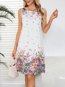 EMERY ROSE 女士休闲通勤花卉印花无袖中长连衣裙