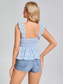 SHEIN LUNE 女式白色底蓝色碎花盖袖V领衬衫