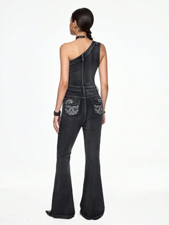 Grunge Punk Women's Y2K Demin Jumpsuit With Asymmetric Shoulder & Embroidery Pocket Women's Concert Costumes, Rave Costumes, Carnival Costumes, Country Concert Costumes,Summer Outfits For Women ,Summer Outfits For Women