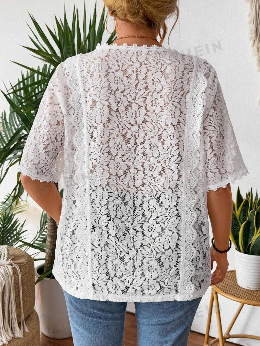 SHEIN LUNE Bluză romantică, elegantă, slăbită, din dantelă, mărime Plus - alb - Vizualizare 1