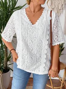 SHEIN LUNE Bluză romantică, elegantă, slăbită, din dantelă, mărime Plus - alb - Vizualizare 3