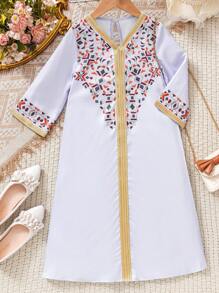 SHEIN Young Girl Ramadan Traditional Robe Loose Geometric Retro Print Patchwork Gold Ribbon V-Neck Long Sleeve Dress, Suitable For Party, Wedding, Banquet, Vacation, Summer - Blue - View 3