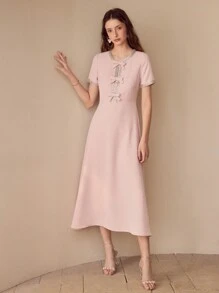 MOTF PREMIUM 对比色蝴蝶结装饰连衣裙 - 粉色 - 查看 4