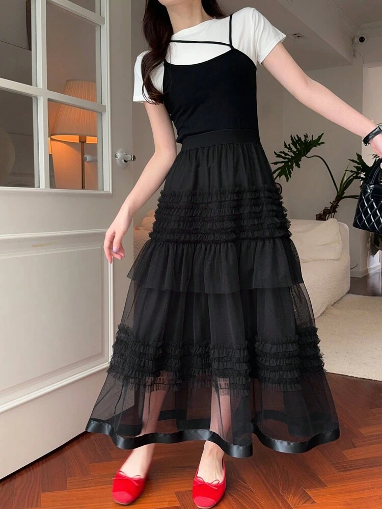 Women's Ruffle Organza Long Skirt, Suitable For Summer And Valentine's Day