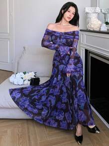 Modelyn 女士超长休闲连衣裙，简约时尚，适合日常穿着 - 紫色 - 查看 4