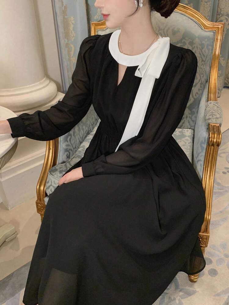 Women's Casual Tie-Up Colorblock Bow Decor Long Sleeve Midi Dress Fall,Winter