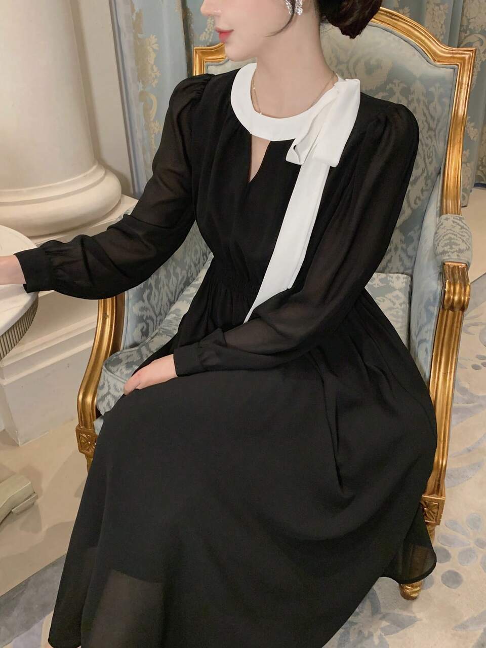 Women's Casual Tie-Up Colorblock Bow Decor Long Sleeve Midi Dress Fall,Winter