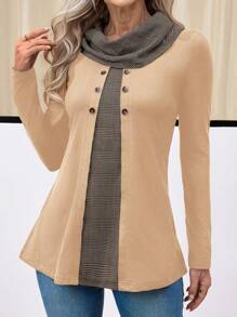 Miaspire 女式纽扣衬衫 女式长袖衬衫 通勤服装 黑色拼色格子女式长袖高领衫 女式 T 恤 - 卡其色 - 查看 6