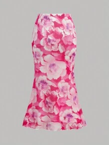 Girlism Conjunto de 2 piezas para adolescentes: Camiseta de punto con hombros oblicuos en rosa y blanco, y falda A-line de malla de punto floral en rosa, apropiado para vacaciones, fiestas, ceremonias de graduación y almuerzos