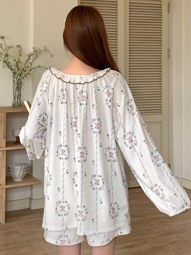 2pcs Women Floral All Over Print Loose Long Sleeve Pajamas Set