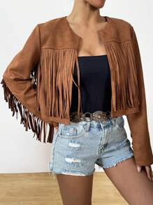 Chiquease Chaqueta corta de con flecos estilo retro y casual para vacaciones - Marrón - Ver 6