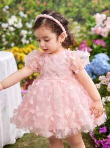 Baby Girl Cute And Elegant Butterfly Mesh Short Sleeve Dress, Summer