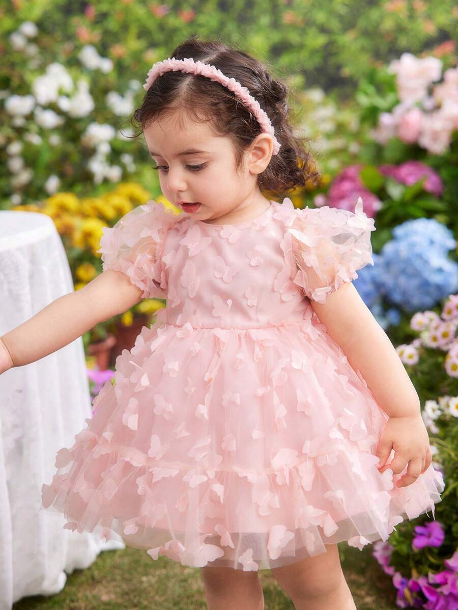 Baby Girl Cute And Elegant Butterfly Mesh Short Sleeve Dress, Summer