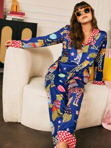 Chillnights Conjunto de pijama de mujer con estampado de leopardo y contraste de color