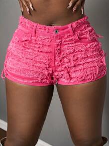 Slaydiva Nuevos shorts vaqueros de estilo retro de color rojo rosa para mujer, de uso casual y calle en primavera y verano