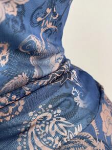 Soleia Vacation Knit Stretchy Mesh Blue Tie Dye Retro Paisley Print Flutter Hem Decorative Slip Camisole Top For Women