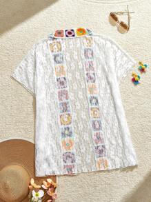 SHEIN MOD Crochet Lace Patchwork Open Front Sheer Cover Up, Casual & Fashionable For Daily Wear, For Summer Beach Vacation