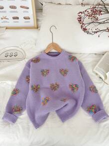 SHEIN Tween Girl Heart Pattern Detailed Simplistic Crew Neck Long Sleeve Casual Sweater - Mauve Purple - View 6