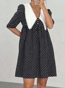 Chiquease Women's Peter Pan Collar Patchwork Lace Polka Dot Print Mini Dress
