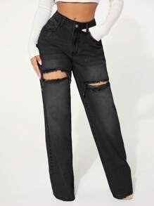 SHEIN BAE Casual Washed Distressed Straight Leg Jeans - Dark Grey - View 4