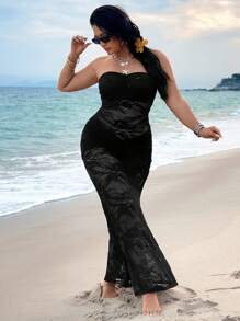 SHEIN VCAY Plus Size Vacation Lace Tube Top Slim Fit Long Dress - Black - View 3