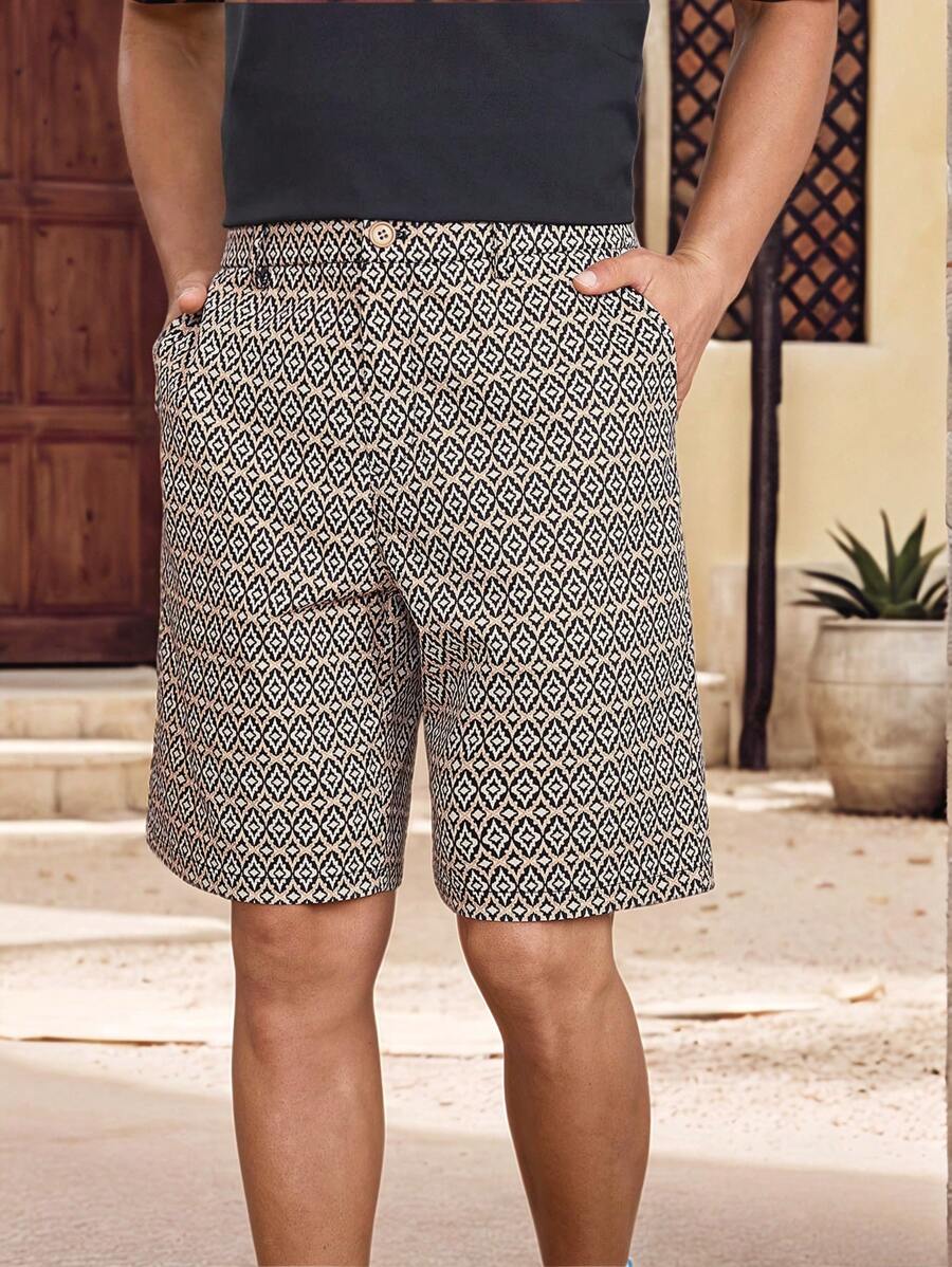 Manfinity Homme 男士几何印花口袋宽松休闲短裤 - 杏色 - 查看 1