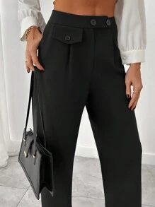 EURMUSE Women's Solid Button Detailed Suit Pants - Black - View 5