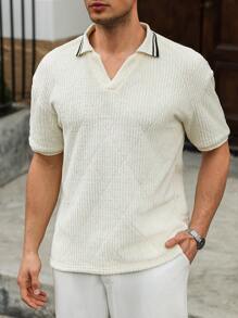 Manfinity Homme Manfinity Men's Casual Cool Casual Simple Contrast Stripe Short Sleeve Polo Shirt, For Tennis - Apricot - View 4