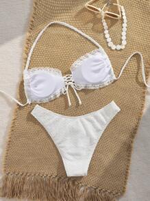 Conjunto de bikini de 2 piezas para mujer/niña con parte superior halter con cuello de encaje floral y Bottom tipo braguita con moño, adecuado para playa y resort