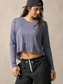 VARSITIE Long Sleeve Workout Top Crew Neck Long Sleeve Asymmetrical Hem Loose Casual Gray T-Shirt