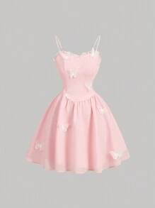 SHEIN MOD 女士粉色网眼可爱蝴蝶贴花浪漫连衣裙