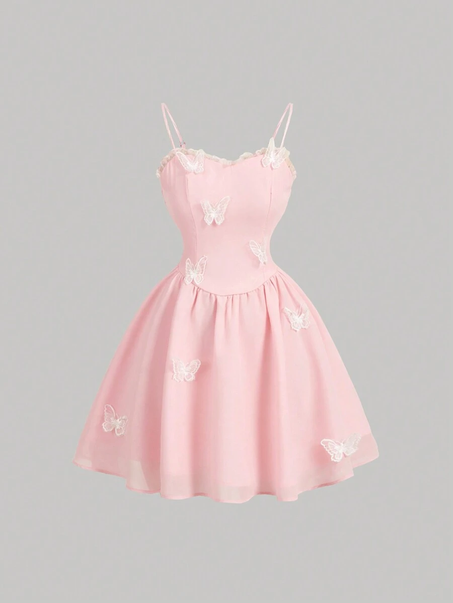 SHEIN MOD 女士粉色网眼可爱蝴蝶贴花浪漫连衣裙