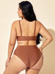 SHEIN Swim Curve Plus Size Women Twist Front Swimming Costume Summer Beach Vacation Bikini Set - Brown - View 2
