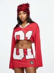 SUMWON WOMEN Retro Sports Team Jersey Mini Skirt With High Waist Drawstring Design, Athletic Style Short Skirt With Logo Badge, Perfect For Cheerleader Costume Party Dance Team Spirit Wear UniForm - Red - View 3