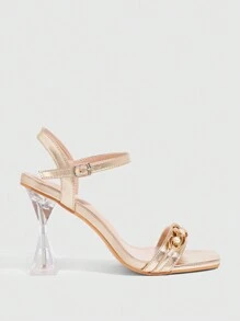 CUCCOO SZL 女士珍珠金链透明坡跟凉鞋，性感优雅浪漫金色金属 PU 礼服高跟鞋，适合约会、聚会、婚礼、蜜月、度假 - 金色 - 查看 10