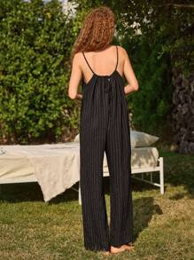 Ocili Leisure Women's Comfy Natural Linen Striped Sleeveless Loose Long Palazzo Pajama Jumpsuit - Black - View 3