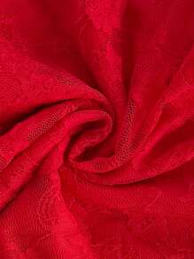 Mono casual vintage con textura de punto, con adorno de encaje romántico para mujeres, ropa de verano rosa - Rojo - Ver 2