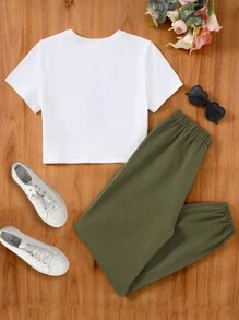 SHEIN 2 件青少年女孩白色针织蝴蝶印花 T 恤和腰带蝴蝶工装裤套装，适合居家、休闲、节日、午餐、音乐节、郊游、春夏 - 軍綠色 - 查看 2