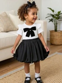 Cozy Pixies 2pcs Baby Girl Black And White Summer Cute Birthday Outfit,Retro Elegant Big Bow Round Neck Cap Sleeve Top And Elastic Waist Decor Shorts Set - Multicolor - View 3