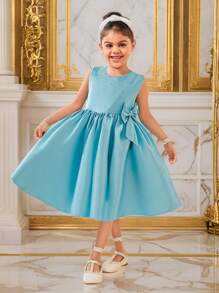 1 件女童优雅薄荷绿缎面派对礼服，配手工串珠蝴蝶结，无袖收腰喇叭形设计，适合夏季婚礼、派对 - 綠色 - 查看 8